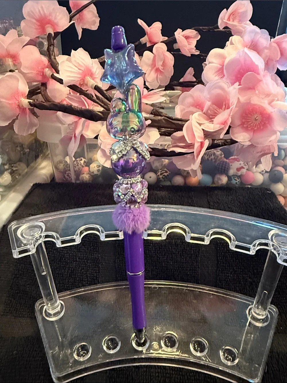 Purple Decorative Star Bunny Gel Pen with Pom Pom Accent